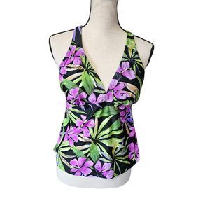 Womens Babydoll Swim Top Size 8 Medium Halter Neck Beachy Tropical Travel Purple
